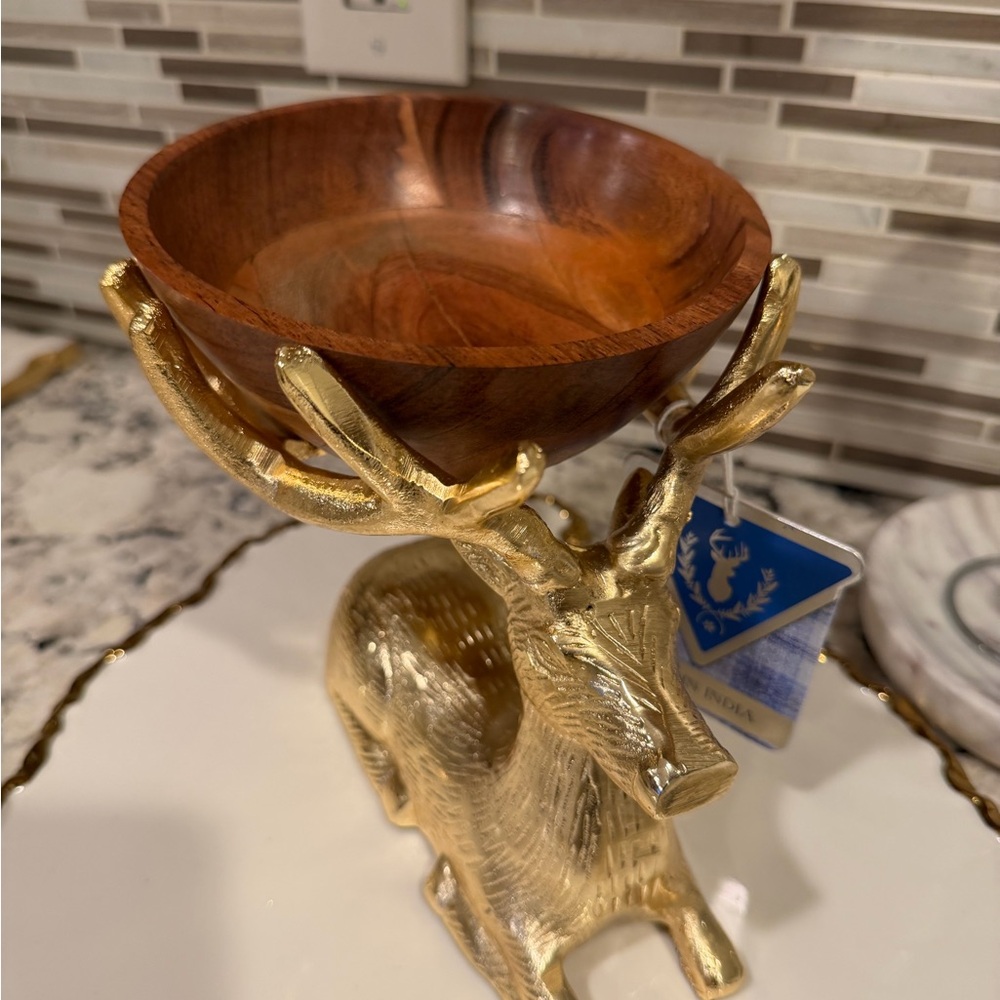 Gold Deer Figurine with Wooden Bowl